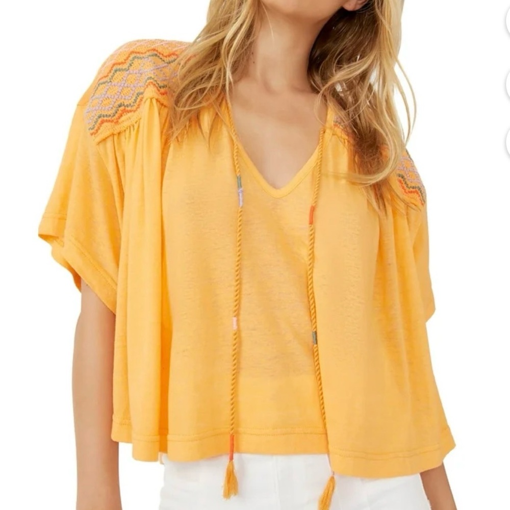Free People Yellow Embroidered Peasant Top Size Small